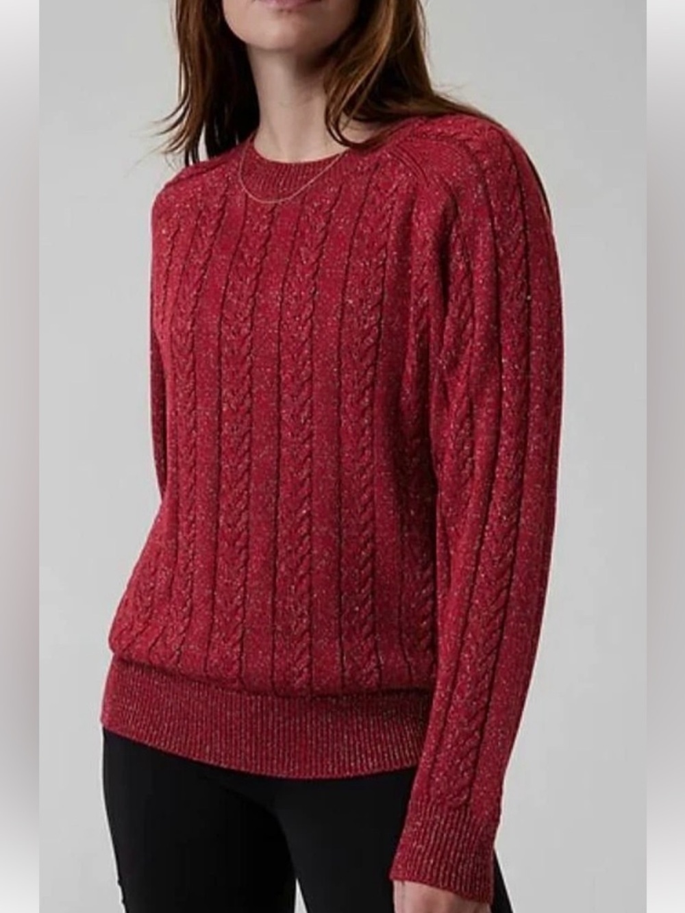 Athleta Crossroads Crew Sweater Red Metallic Cable Knit Cozy XL Holiday Luxe